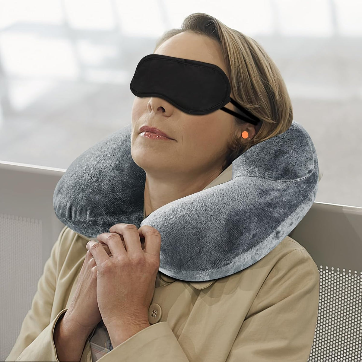 1 PcsInflatable Travel Pillows for Sleeping Airplane Inflatable Neck Pillow for Traveling Pillow Inflatable Travel Neck Pillows for Airplanes Sleeping, Train, Car, Office, with Eye Masks, Earplugs