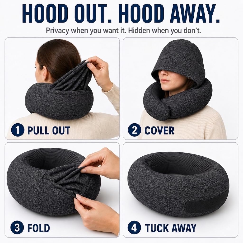 Travel Neck Pillow with Hood, Upgraded Memory Foam Airplane Pillow for Sleeping, 360° Support U Shaped Travel Pillow with Hidden Eye Cover, Portable Flight Accessories for Plane Car Office(Black)