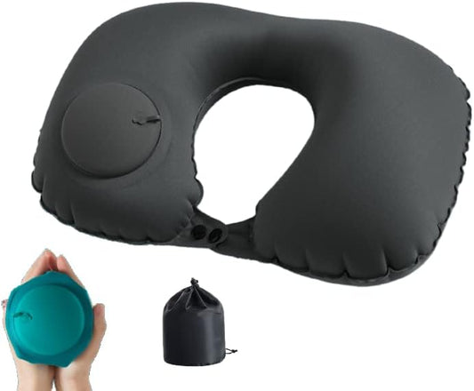 Press Type Automatic Inflatable U-Shaped Pillow, Milk Silk Air Pillow Core, Cool, Breathable, Comfortable and Portable, Suitable for Women, Men, Aircraft, Train, Car, Office Rest, Nap (Black)