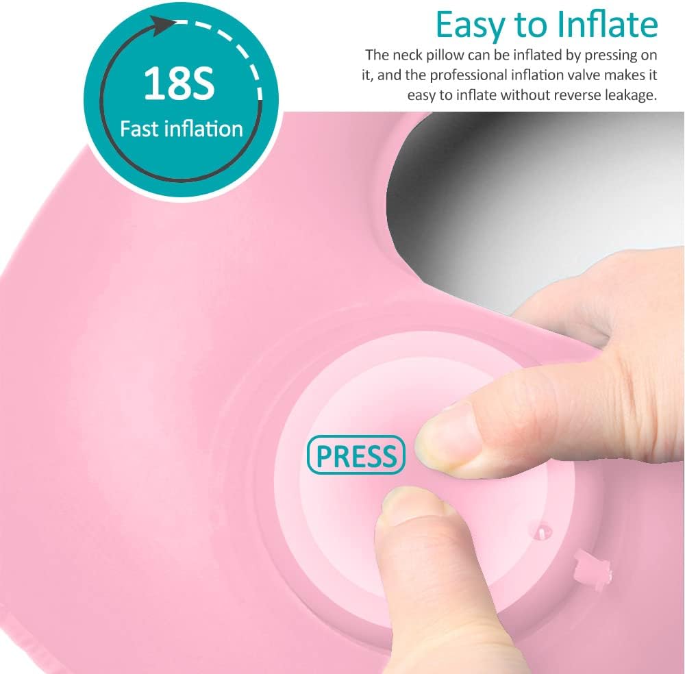 2PCS Inflatable Travel Pillow, Adjustable Inflatable Neck Pillow, Portable Fast Inflatable Pillow U-Shaped with Eye Mask,Earplug and Carry Bag, for Airplanes,Traveling,Lumbar Support (Pink)