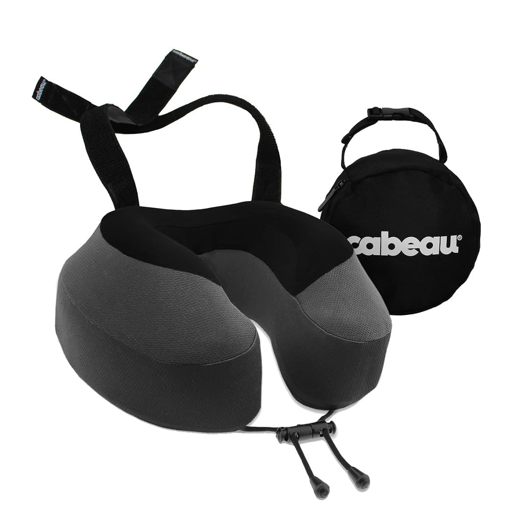 Cabeau Evolution S3 Airplane Travel Pillow for Long Flights - Supportive Memory Foam Body Positioner with Seat Straps to Secure Your Head and Neck and Provides 360 Support (Jet Black)