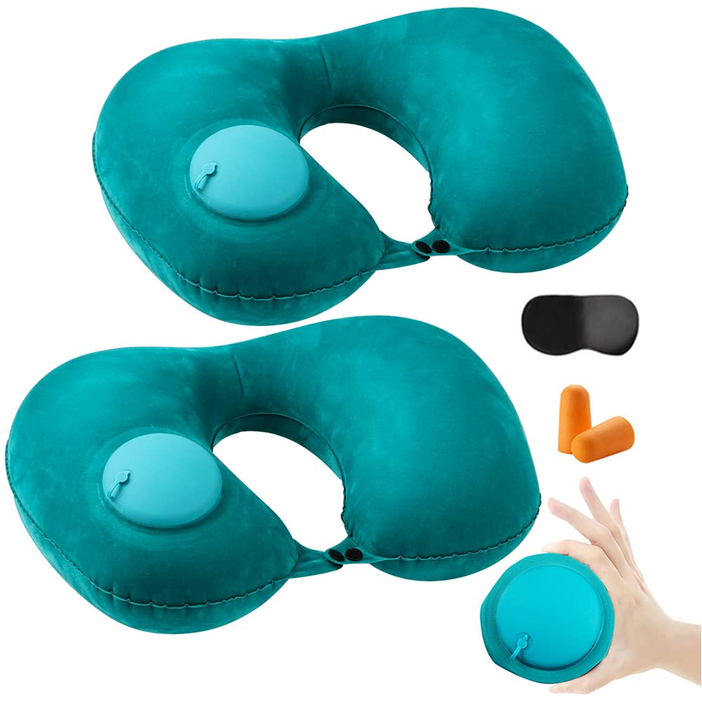 2PCS Inflatable Travel Pillow, Adjustable Inflatable Neck Pillow, Portable Fast Inflatable Pillow U-Shaped with Eye Mask,Earplug and Carry Bag, for Airplanes,Traveling,Lumbar Support (Pink)