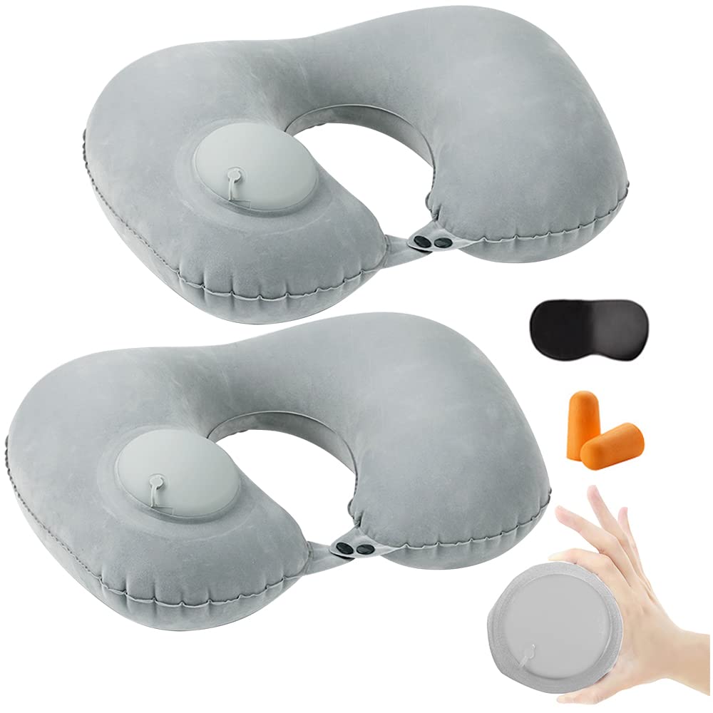 2PCS Inflatable Travel Pillow, Adjustable Inflatable Neck Pillow, Portable Fast Inflatable Pillow U-Shaped with Eye Mask,Earplug and Carry Bag, for Airplanes,Traveling,Lumbar Support (Pink)