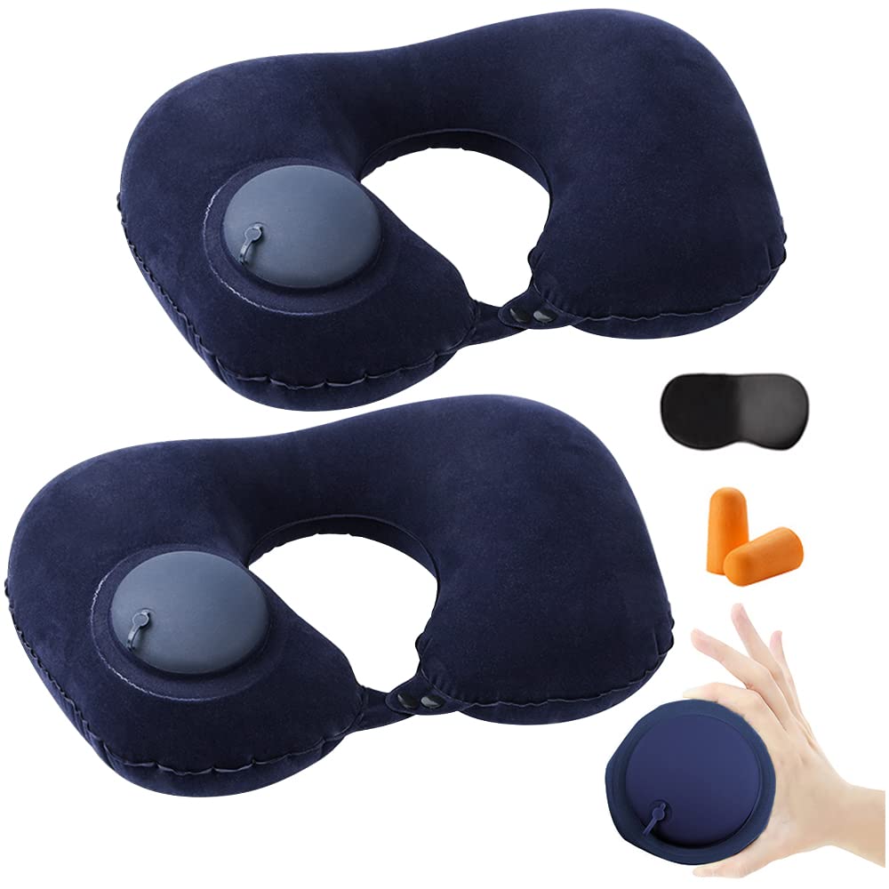 2PCS Inflatable Travel Pillow, Adjustable Inflatable Neck Pillow, Portable Fast Inflatable Pillow U-Shaped with Eye Mask,Earplug and Carry Bag, for Airplanes,Traveling,Lumbar Support (Pink)