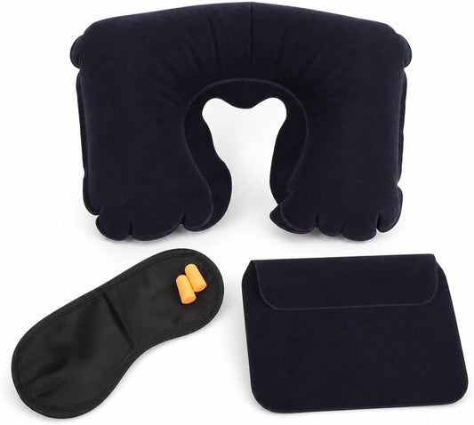 Travel Pillow for Airplane, Black Inflatable U Shaped Neck Pillow with 3 pcs Accessories, Sleep Mask, Earplugs and Storage Pouch for Airplane, Car, Train and Office Rest