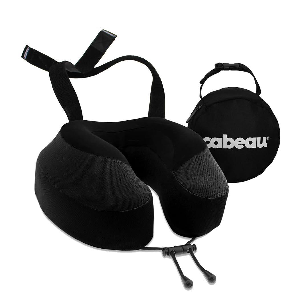 Cabeau Evolution S3 Airplane Travel Pillow for Long Flights - Supportive Memory Foam Body Positioner with Seat Straps to Secure Your Head and Neck and Provides 360 Support (Jet Black)