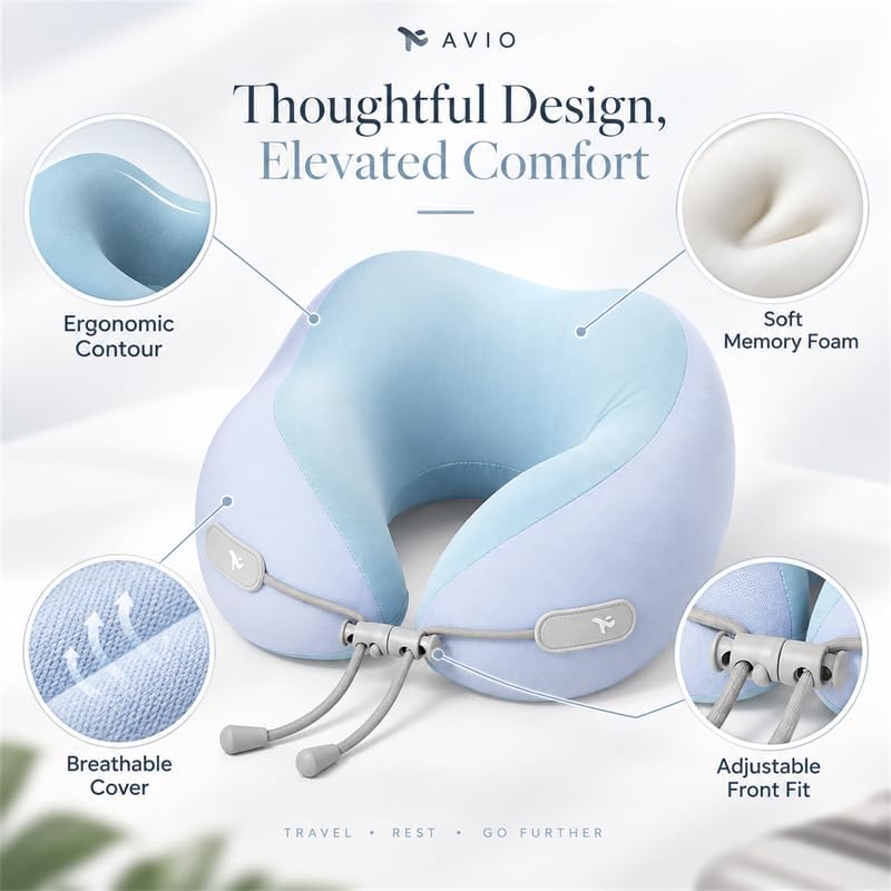 Avio Travel Neck Pillow, Ergonomic Airplane Pillow with Contoured Chin & Side Support, Adjustable Drawstring Fit, Soft U-Shaped Cushion for Flights, Car Rides, Trains & Office Naps