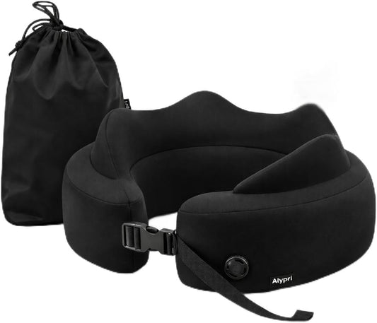 Self-Inflating Memory Foam Travel Neck Pillow with Twist Valve, Adjustable Firmness, Compact Neck Support for Airplane, Car, Office and Home, Black