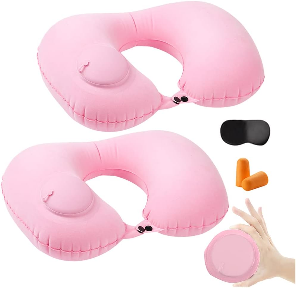 2PCS Inflatable Travel Pillow, Adjustable Inflatable Neck Pillow, Portable Fast Inflatable Pillow U-Shaped with Eye Mask,Earplug and Carry Bag, for Airplanes,Traveling,Lumbar Support (Pink)