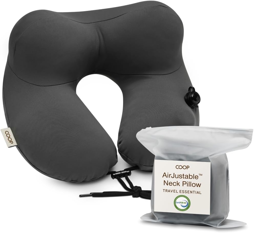 Coop Home Goods AirJustable Travel Neck Pillow, Inflatable, Adjustable Support for Neck & Chin, Compact, Soft Memory Foam Comfort, Airplane Travel Essentials, Cooling & Washable Cover