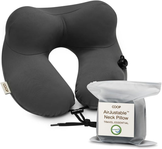 Coop Home Goods AirJustable Travel Neck Pillow, Inflatable, Adjustable Support for Neck & Chin, Compact, Soft Memory Foam Comfort, Airplane Travel Essentials, Cooling & Washable Cover