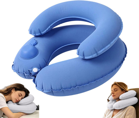 Double-Layer Inflatable Travel Neck Pillow, Press-to-Inflate U-Shaped Pillow, Portable and Easy to Store, Neck Support for Office Breaks and Outdoor Trips (1, Blue)