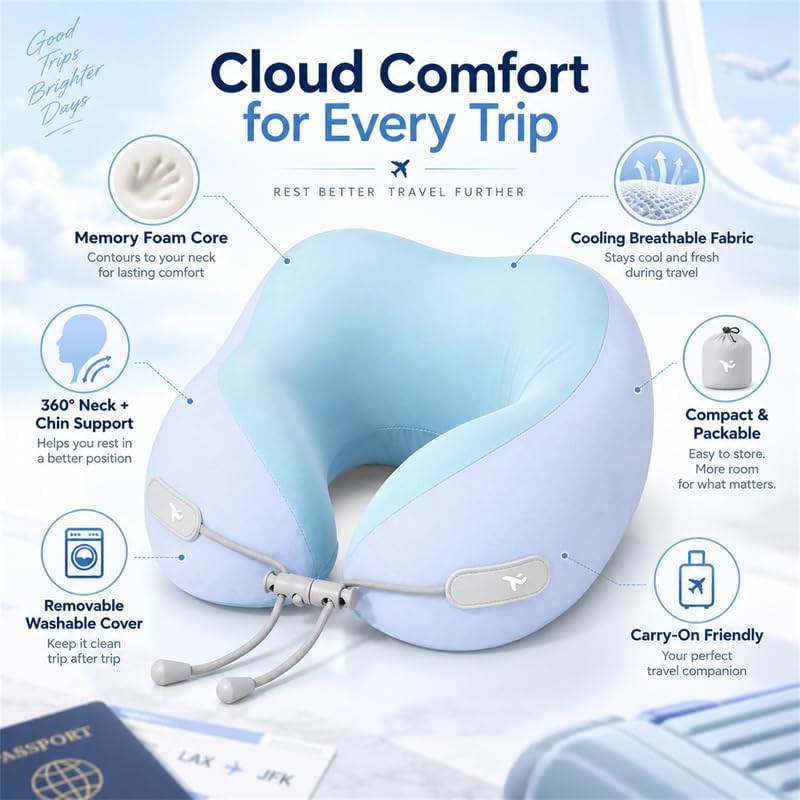 Avio Travel Neck Pillow, Ergonomic Airplane Pillow with Contoured Chin & Side Support, Adjustable Drawstring Fit, Soft U-Shaped Cushion for Flights, Car Rides, Trains & Office Naps
