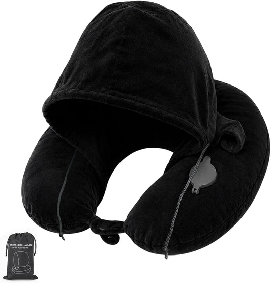 MSJGA Inflatable Neck Pillow for Traveling on Plane, Hooded Airplane Pillow