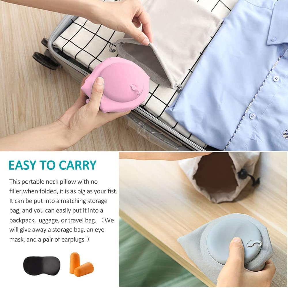 2PCS Inflatable Travel Pillow, Adjustable Inflatable Neck Pillow, Portable Fast Inflatable Pillow U-Shaped with Eye Mask,Earplug and Carry Bag, for Airplanes,Traveling,Lumbar Support (Pink)