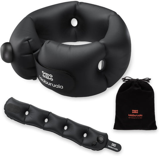 Inflatable Neck Pillow, Portable Travel Neck Pillow Airplane, Storable Black Neck Pillows Travel with Washable Cover, Adjustable Air-Fill Support