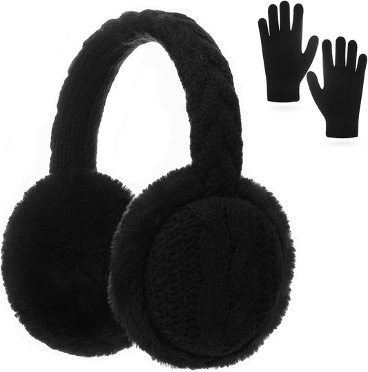 BEARAE Kids Knit Earmuffs Gloves Set Winter Soft Plush Ear Muffs Boys Girls Elastic Knit Mittens Outdoor Warm Ear Warmers
