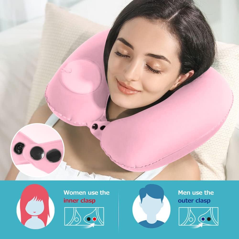 2PCS Inflatable Travel Pillow, Adjustable Inflatable Neck Pillow, Portable Fast Inflatable Pillow U-Shaped with Eye Mask,Earplug and Carry Bag, for Airplanes,Traveling,Lumbar Support (Pink)