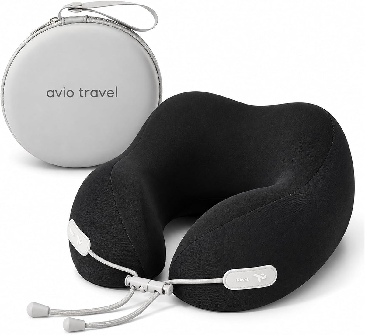 Avio Travel Neck Pillow, Ergonomic Airplane Pillow with Contoured Chin & Side Support, Adjustable Drawstring Fit, Soft U-Shaped Cushion for Flights, Car Rides, Trains & Office Naps