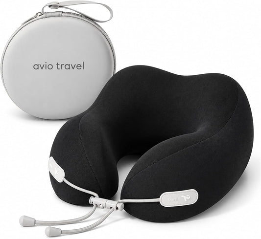 Avio Travel Neck Pillow, Ergonomic Airplane Pillow with Contoured Chin & Side Support, Adjustable Drawstring Fit, Soft U-Shaped Cushion for Flights, Car Rides, Trains & Office Naps