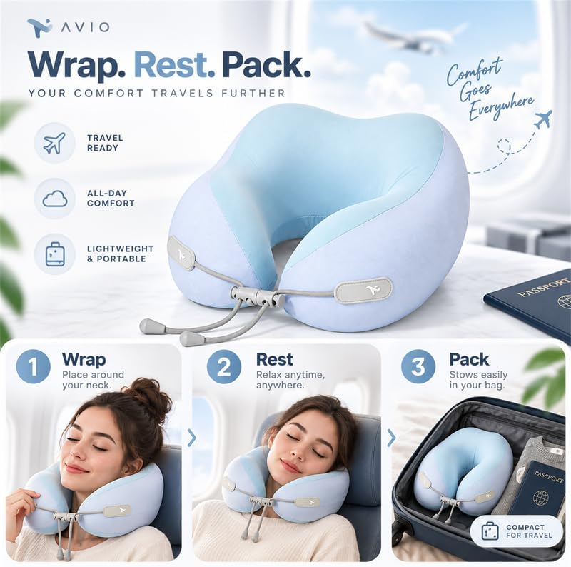 Avio Travel Neck Pillow, Ergonomic Airplane Pillow with Contoured Chin & Side Support, Adjustable Drawstring Fit, Soft U-Shaped Cushion for Flights, Car Rides, Trains & Office Naps
