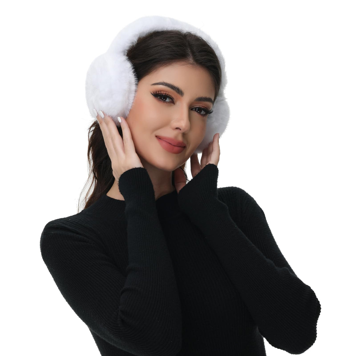 Winter Ear Muffs for Women Girls Faux Fur Cute White Earmuffs Fluffy Ear Warmers Foldable Ear Covers Outdoor