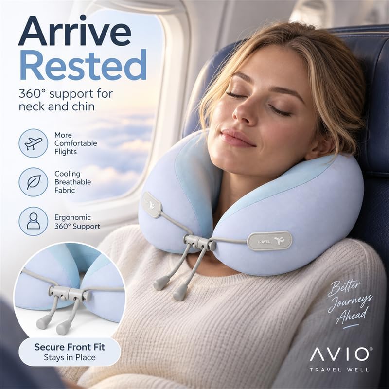 Avio Travel Neck Pillow, Ergonomic Airplane Pillow with Contoured Chin & Side Support, Adjustable Drawstring Fit, Soft U-Shaped Cushion for Flights, Car Rides, Trains & Office Naps