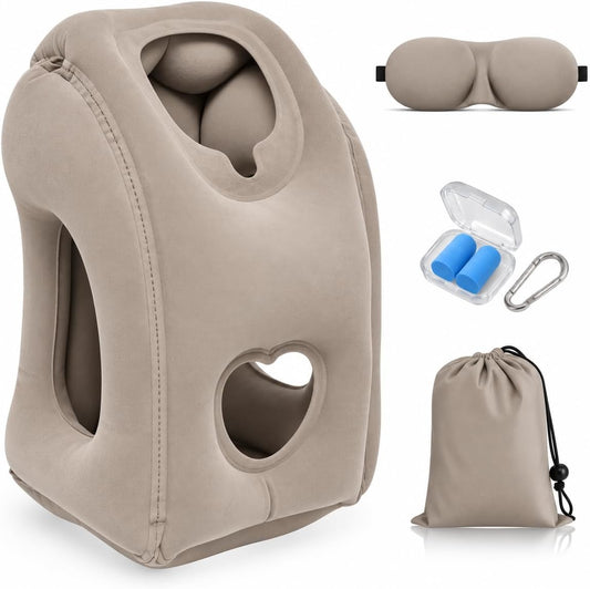 Inflatable Travel Pillows for Airplanes, Blow Up Travel Pillow for Train Office Car with Chin and Neck Support, Inflatable Travel Pillow for Sleep Support with Eye Mask, Bag & Earplugs_Gray