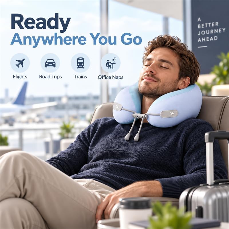 Avio Travel Neck Pillow, Ergonomic Airplane Pillow with Contoured Chin & Side Support, Adjustable Drawstring Fit, Soft U-Shaped Cushion for Flights, Car Rides, Trains & Office Naps