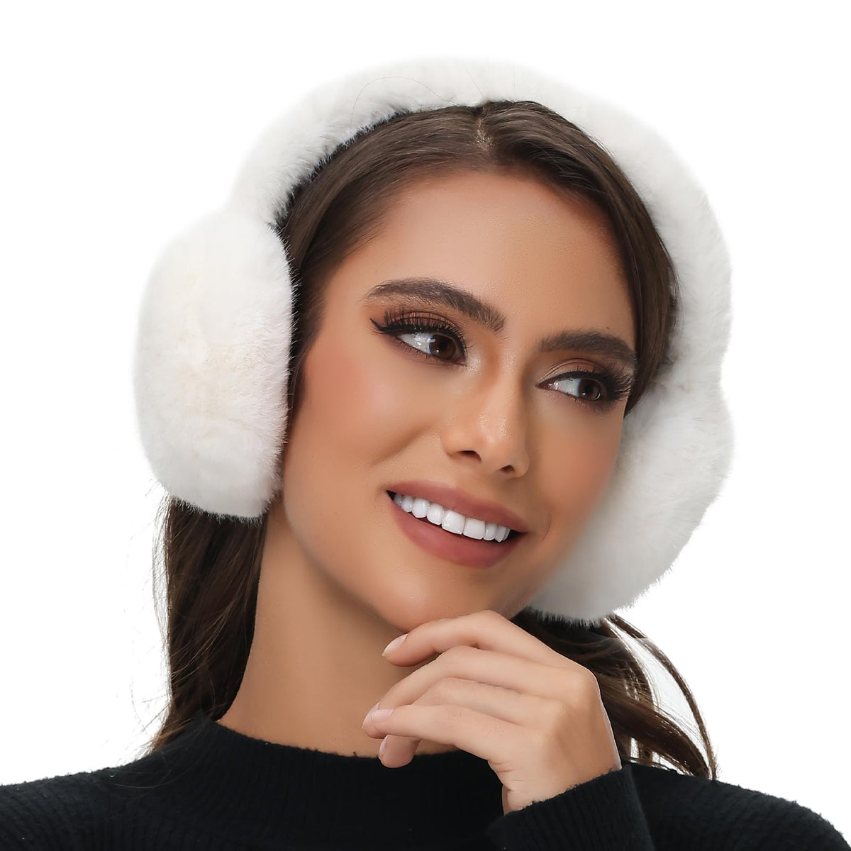 Winter Ear Muffs for Women Girls Faux Fur Cute White Earmuffs Fluffy Ear Warmers Foldable Ear Covers Outdoor