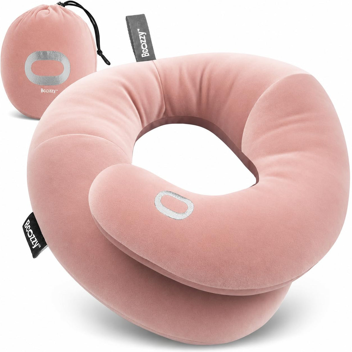 BCOZZY Travel Neck Pillow for Airplane - Patented Head, Neck & Chin Support. Soft, Adjustable Pillow for Comfortable Resting on Long Flights, Car Rides & Recliners. Washable, Carry Bag, Large, Navy