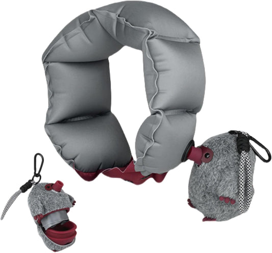 Mole Airflow Pillow: Inflatable Travel Neck Pillow with Plush Mole Pump | Portable U-Shape Pillow for Airplane, Office & Car | Grey & Pink