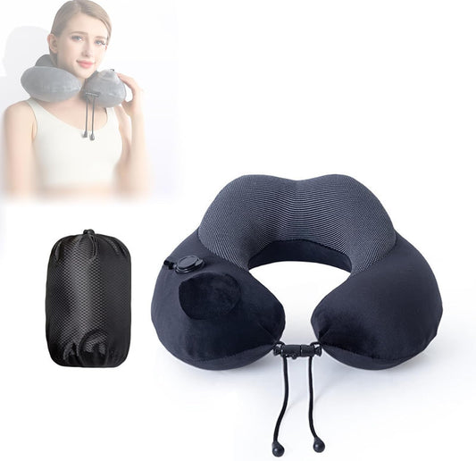 Inflatable Travel Neck Pillow for Airplane, Head Support Velvet Adult Neck Pillow for Long Flight, Inflatable & Memory Foam Travel Pillow，Essential for Long-Distance Travel (Black)