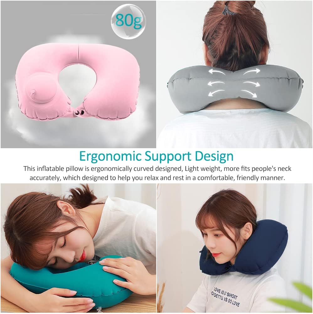 2PCS Inflatable Travel Pillow, Adjustable Inflatable Neck Pillow, Portable Fast Inflatable Pillow U-Shaped with Eye Mask,Earplug and Carry Bag, for Airplanes,Traveling,Lumbar Support (Pink)
