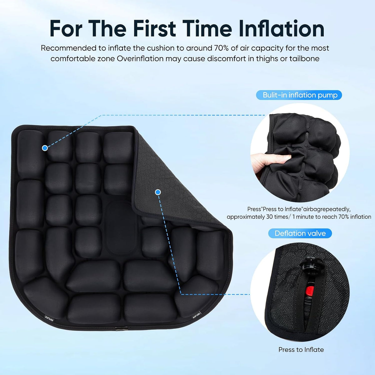 Inflatable seat Cushion, with Bubble Design, 3D Inflatable Safety airbag, ergonomically Designed, Equipped with Neck Pillow Set and Included in a Storage Bag.