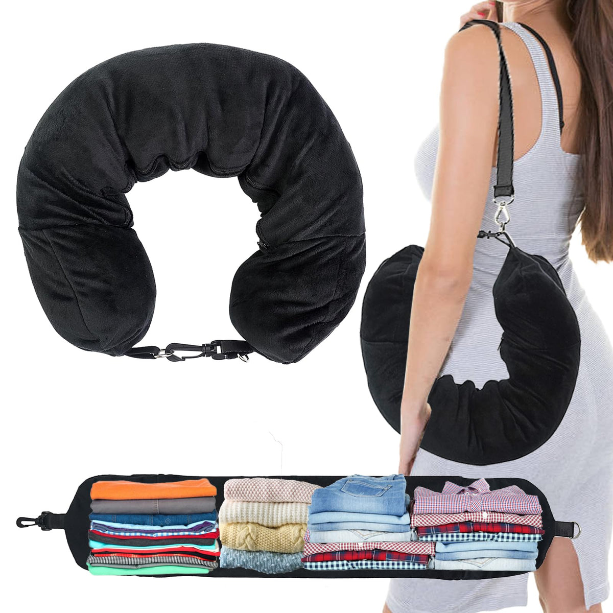1/2PCS Travel Pillow Stuffable with Clothes As Carry-On Luggage Fits Up to 3 Days of Travel Essentials, Multifunctional U-Shaped Pillowcase for Business, Trip, Outdoor (1PCS-Black)