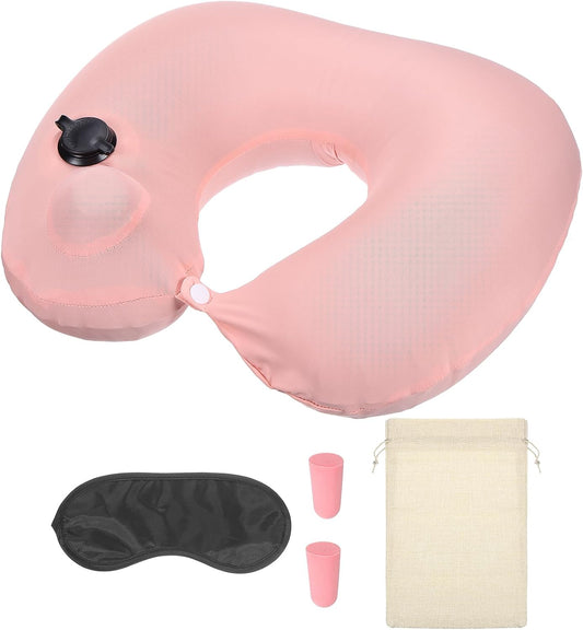PATIKIL Inflatable Neck Pillow, Silk Travel Neck Pillow Sleeping Anti Wrinkle Pillow Head Neck Support with Eye Mask, Earplugs, Storage Bag for Travel Airplanes Train, Pink