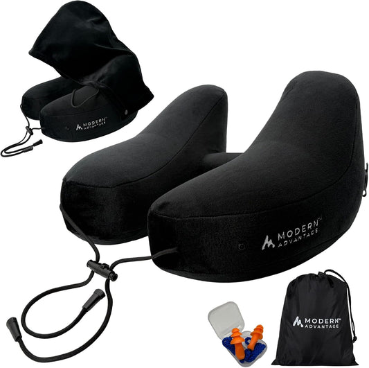 Modern Advantage Inflatable Travel Pillow for Airplanes with Comfort Hood, Adjustable Neck Support, Lightweight & Compact Flight Pillow for Sleeping on Long Flights & Travel (Black)