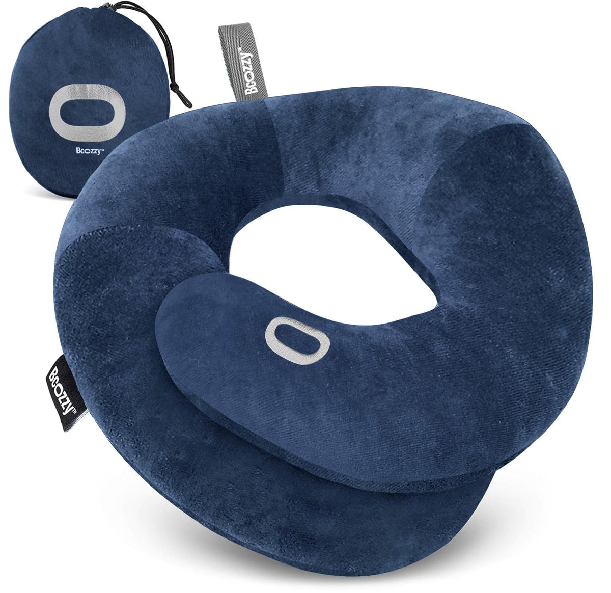 BCOZZY Travel Neck Pillow for Airplane - Patented Head, Neck & Chin Support. Soft, Adjustable Pillow for Comfortable Resting on Long Flights, Car Rides & Recliners. Washable, Carry Bag, Large, Navy