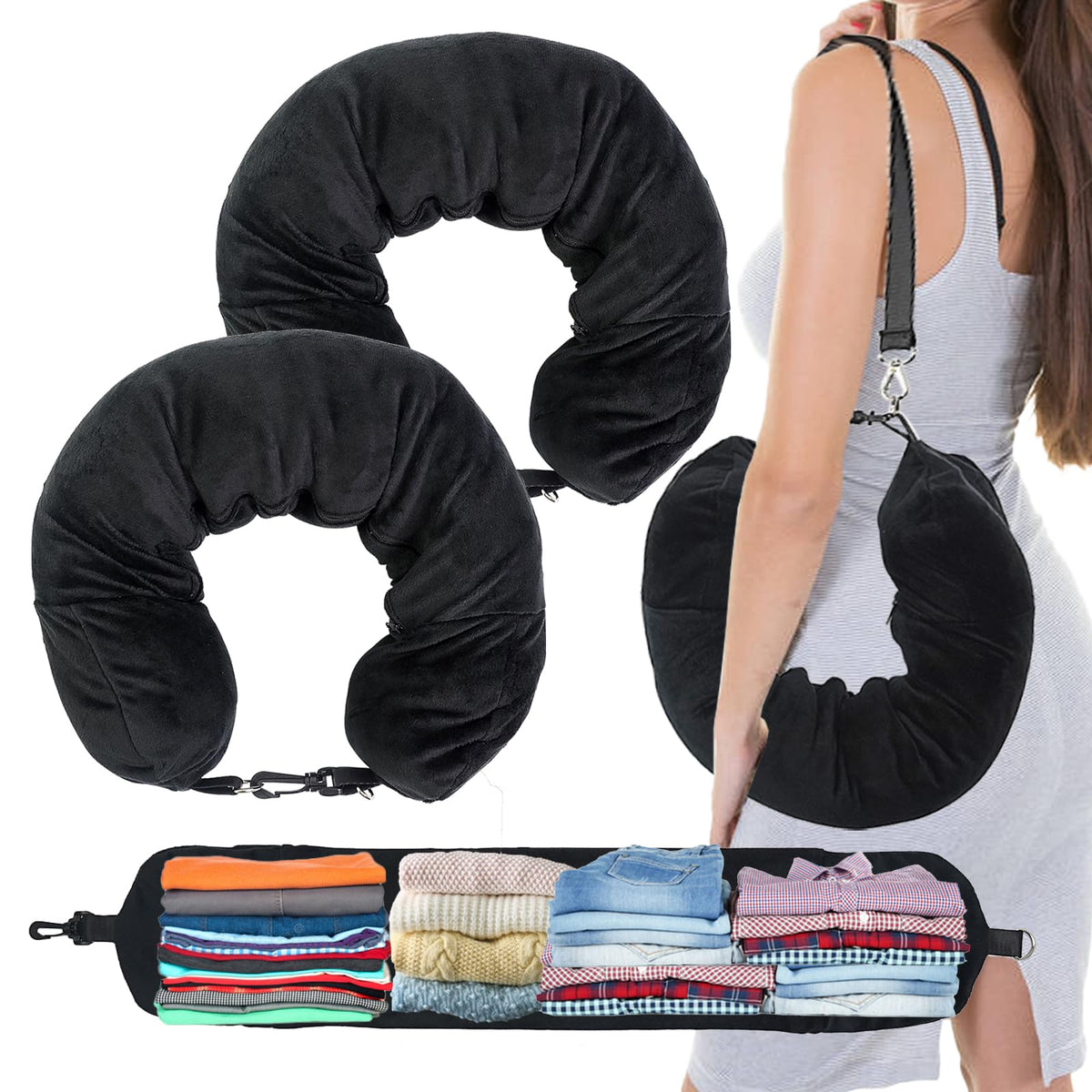 1/2PCS Travel Pillow Stuffable with Clothes As Carry-On Luggage Fits Up to 3 Days of Travel Essentials, Multifunctional U-Shaped Pillowcase for Business, Trip, Outdoor (1PCS-Black)