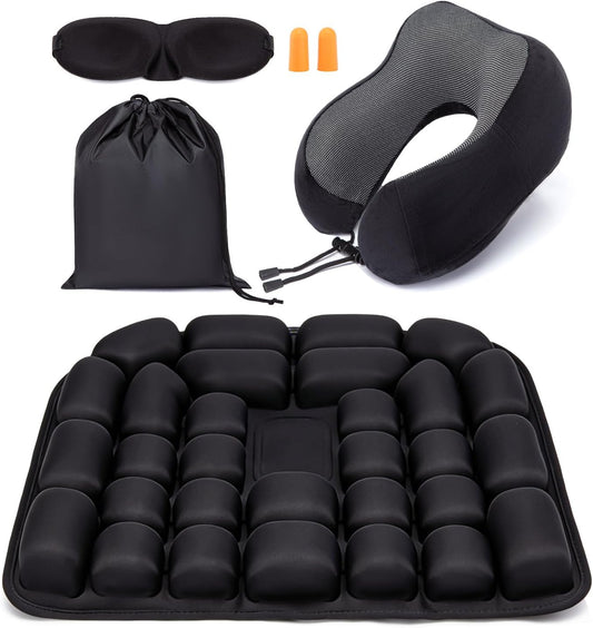 Inflatable seat Cushion, with Bubble Design, 3D Inflatable Safety airbag, ergonomically Designed, Equipped with Neck Pillow Set and Included in a Storage Bag.