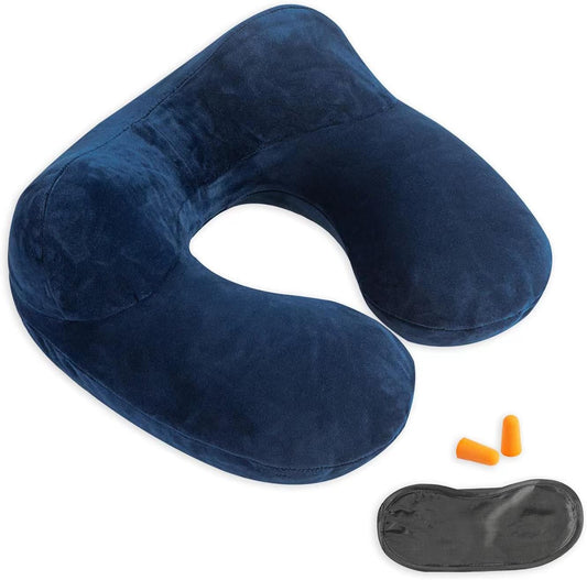 Inflatable Travel Pillow, Neck Pillow Support for Traveling, Airplanes, Cars, and Offices with Compact Carrying Bag, Soft Velvet Washable Cover, Ideal for Adult Sleepers (Blue)