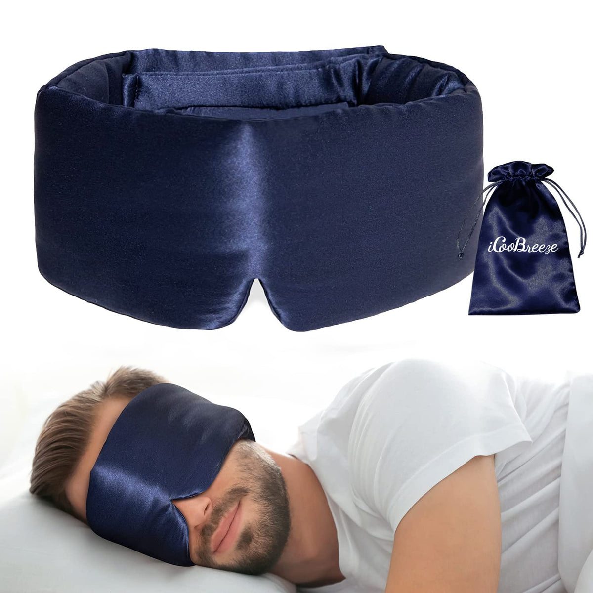 100% Natural Silk Eye Mask for Women Men, Soft Pressureless Cooling Blackout Eye Covers for Sleeping, Large Size Sleep Mask fits All Heads Adjustable, 1PC, Vivid Blue