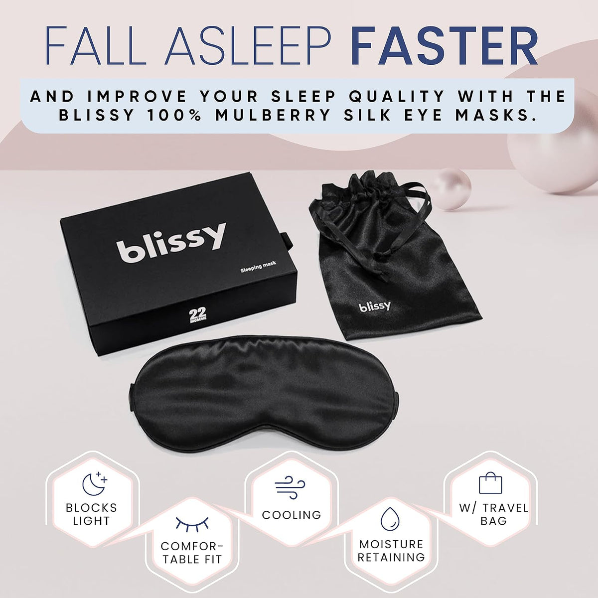 Blissy Silk Sleep Mask - Eye Sleeping Mask for Women & Men for Total Blackout - 100% Pure Mulberry Silk, 22 Momme 6a Fibers - Blindfold Sleep Mask Side Sleeper Eye Cover (Non Adjustable)