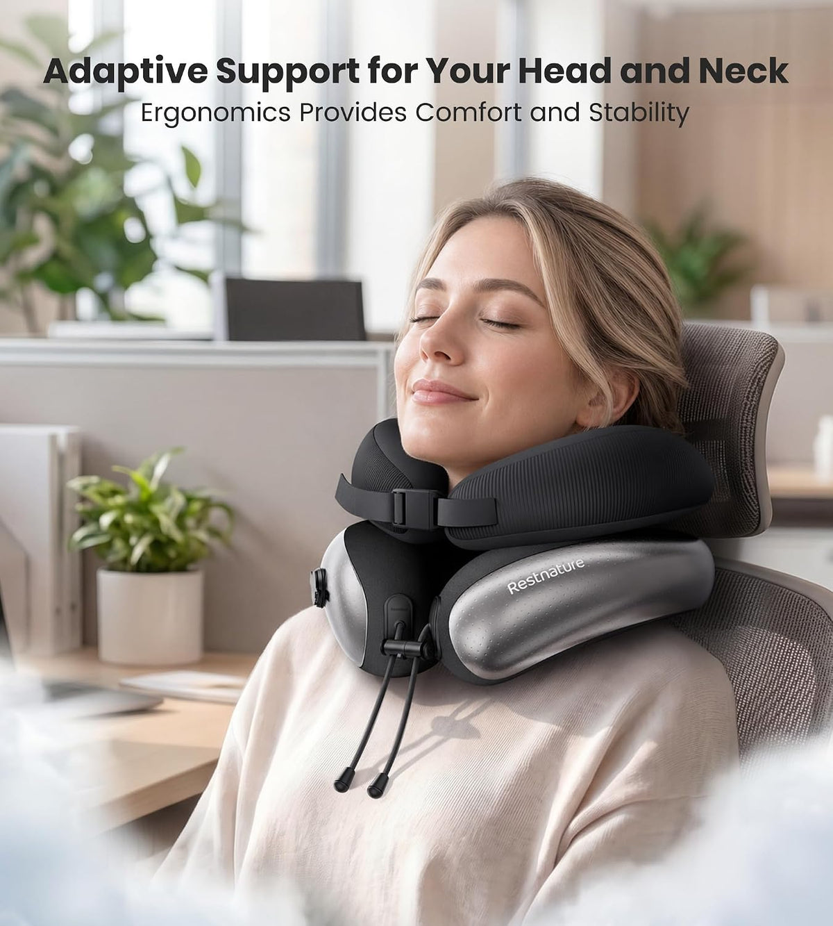 Neck Pillow, Upgraded Adjustable Travel Neck Pillow for Airplane – Patented Inflatable Design with Memory Foam for 360° Ergonomic Head & Neck Support (Black-M)