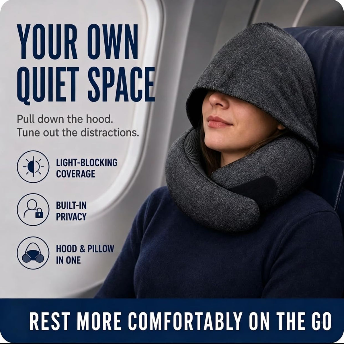 Travel Neck Pillow with Hood, Upgraded Memory Foam Airplane Pillow for Sleeping, 360° Support U Shaped Travel Pillow with Hidden Eye Cover, Portable Flight Accessories for Plane Car Office(Black)