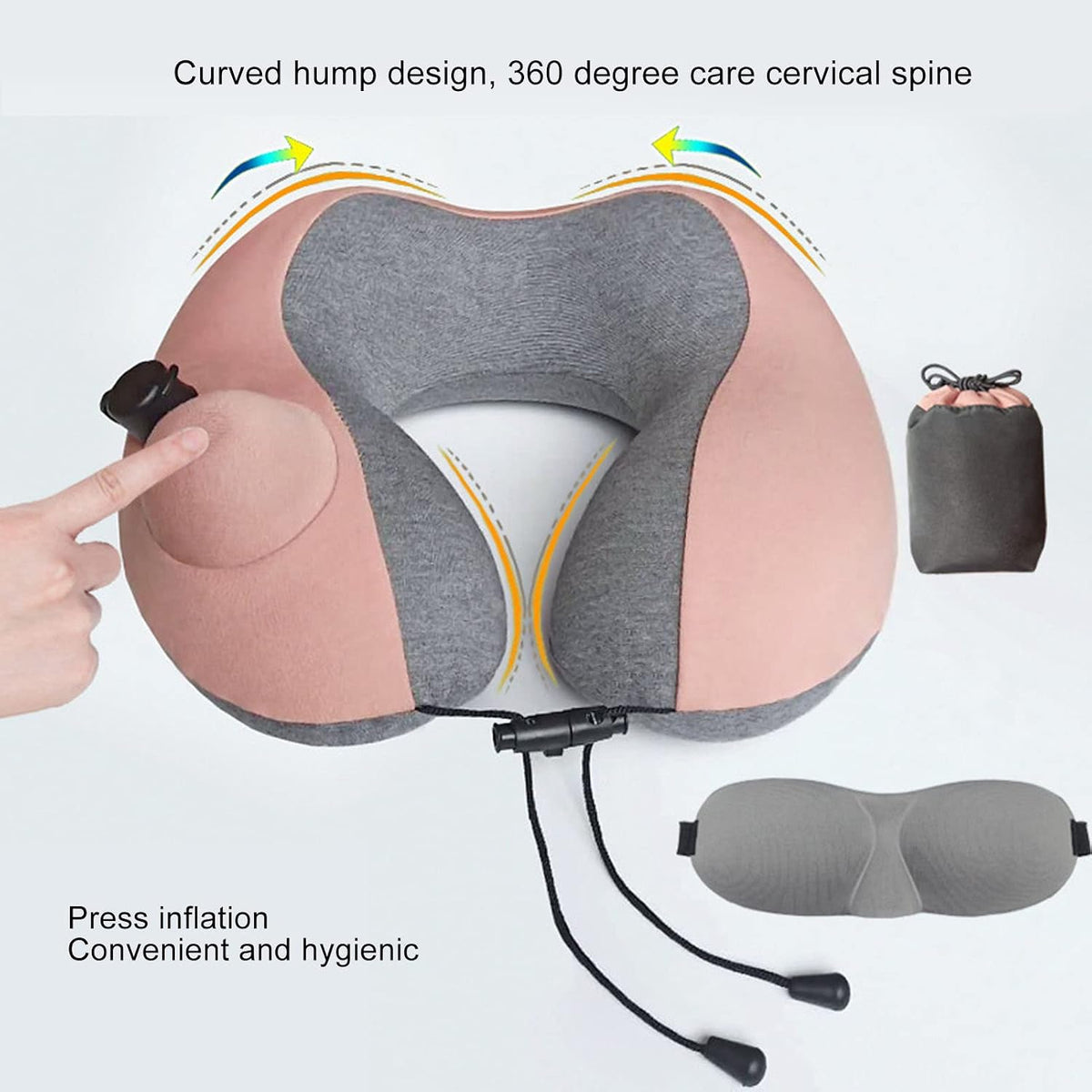 Travel Neck Pillow U Shaped Press Inflatable Head Rest Cushion with Storage, Buckle for Fit, Soft Roman Cloth Pillowcase, 360 Degree Curve Hump,