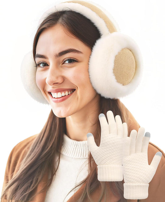 Senker Fashion Winter Ear Muffs for Women, Fuzzy Earmuffs Gloves Set