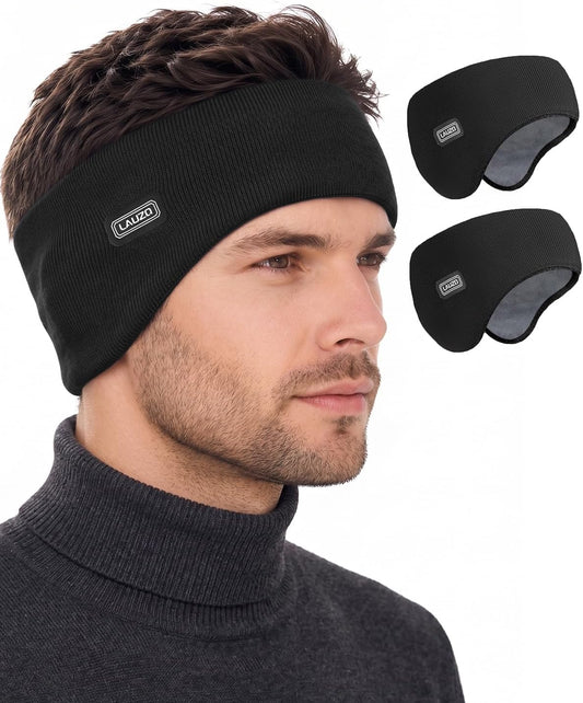 Double-Layer Ear Warmer Headband - Knit Fuzzy Lined Ear Muffs for Men Women Ear Covers for Cold Weather Running Cycling