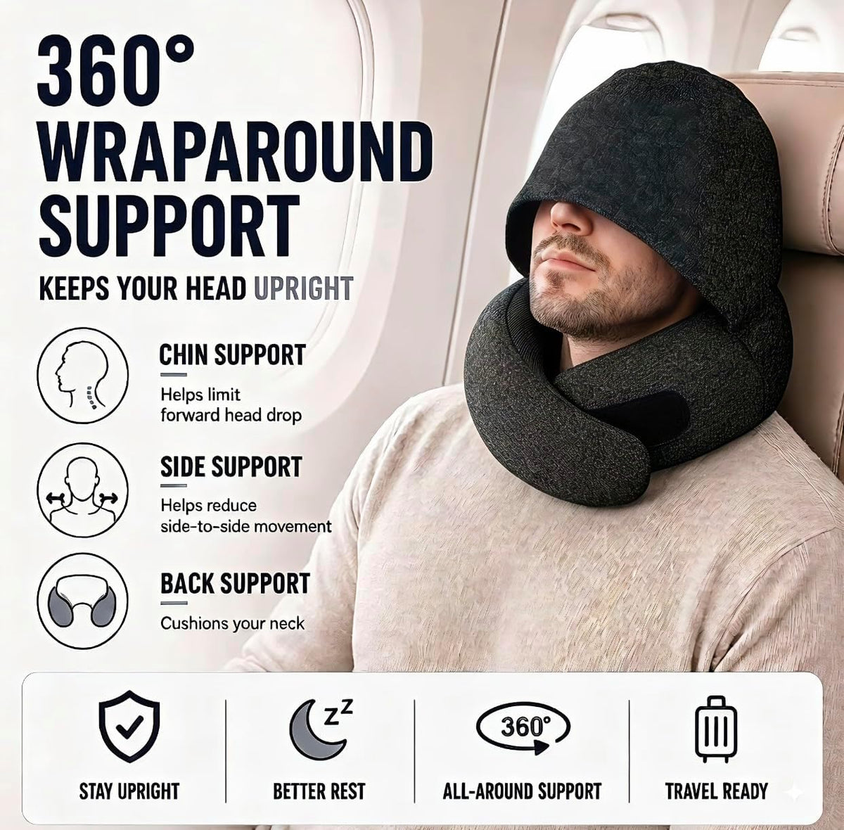 Travel Neck Pillow with Hood, Upgraded Memory Foam Airplane Pillow for Sleeping, 360° Support U Shaped Travel Pillow with Hidden Eye Cover, Portable Flight Accessories for Plane Car Office(Black)